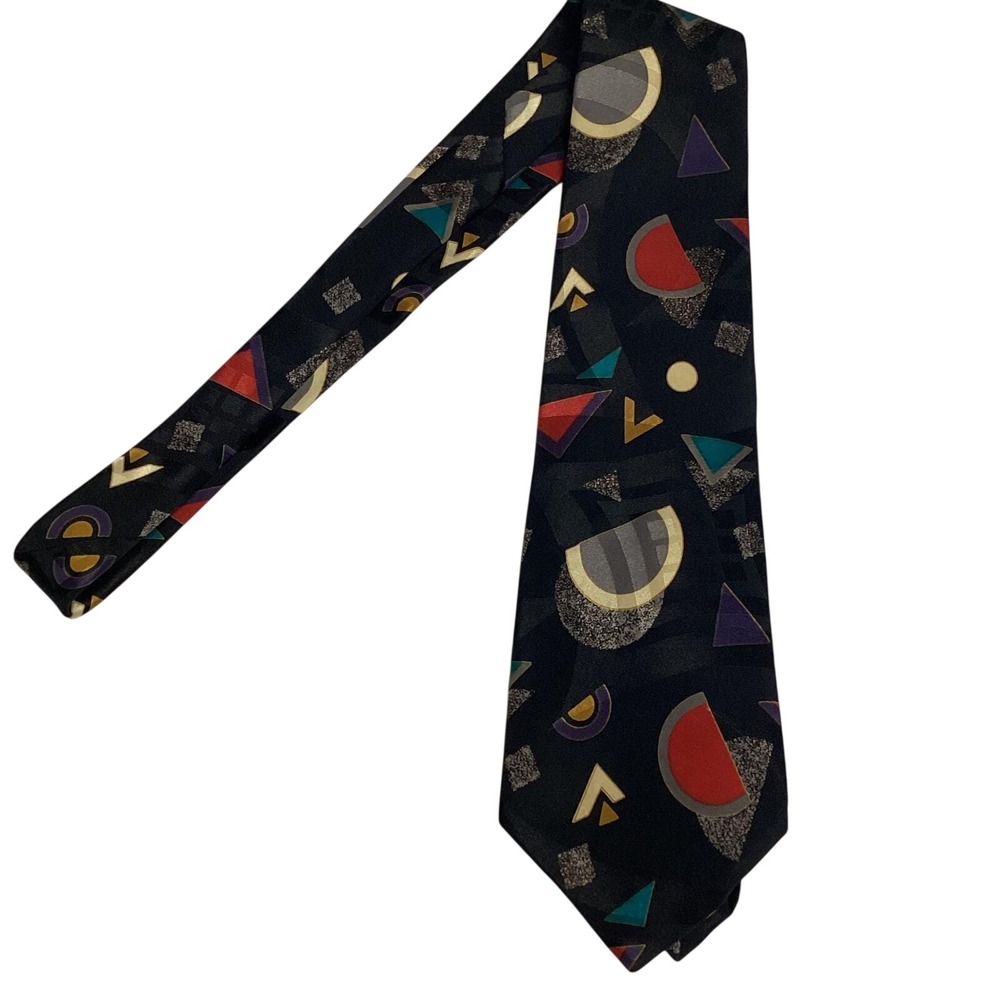 Vintage Envoy Mens Geometric Abstract Silk Tie Black 90s Retro Memphis Design